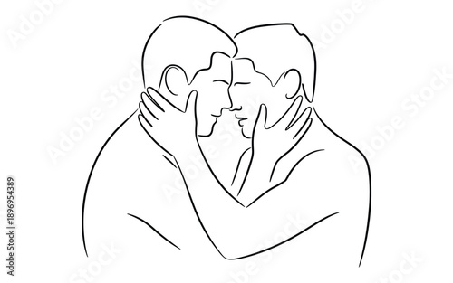 Gay couple in intimate embrace, continuous line art illustration