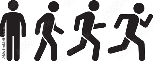 Man stands, walk and run icon set. People symbol. Person standing, walking and running illustration. Run, walk, stand. Vector illustration