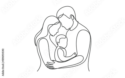 Family cuddling baby, tender moment, minimalist line art