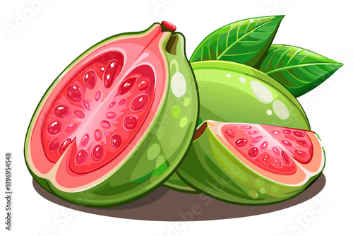 Fresh guava cut in half showing vibrant pink flesh and green skin isolated on transparent background realistic tropical fruit food element stock photography.
