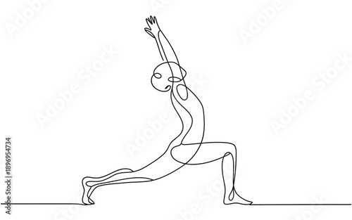 Woman in warrior yoga pose, dynamic stretch, line art