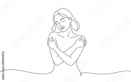 Woman embracing herself, self love, minimalist line art