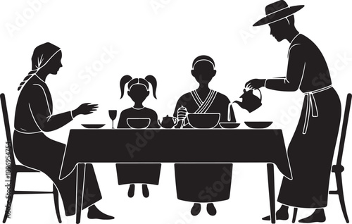 Muslim family iftar dinner breaking fast gathering table meal vector illustration silhouette art