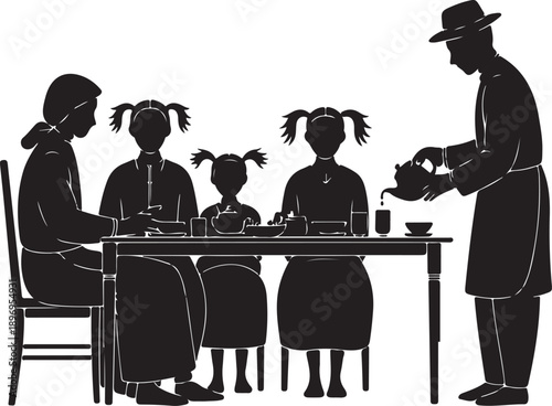 Muslim family iftar dinner breaking fast gathering table meal vector illustration silhouette art