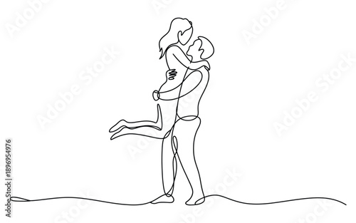Man lifting woman, romantic couple embrace line art