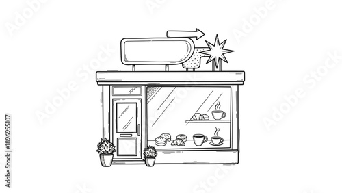 Hand-drawn Bakery Shop with Sign, Arrow, and Starburst Illustration