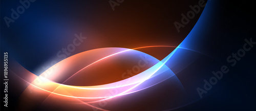 Abstract design features flowing curves, vibrant colors. Orange, blue hues dominate dark background. Smooth gradients create dynamic visual effect.