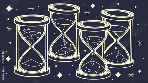Cosmic Hourglass Timers Flowing Sand Stars Constellations Mystical Time Passing for Astrology Web Design or Spiritual Journey Graphics