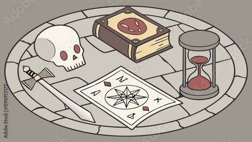 Occult Ritual Altar with Skull Sword Hourglass Tarot Card for Magic Game Design or Fantasy Storytelling Background