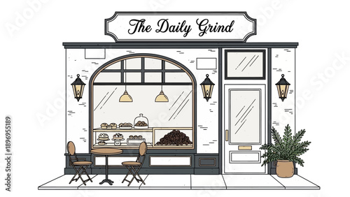 Hand-drawn illustration of a charming coffee shop with inviting details.