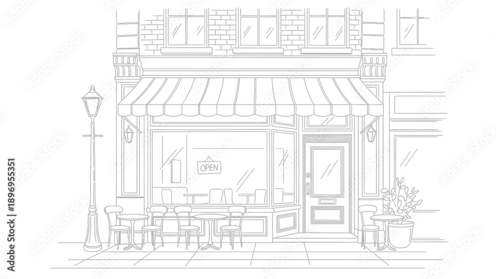 Obraz premium Detailed Line Drawing of a Charming Cafe Exterior with Awning and Tables