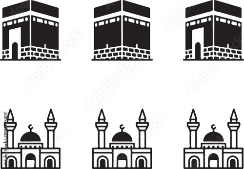 muslim holly kaaba mecca set collection pack bundle black shape icon silhouette vector flat illustration design on white background