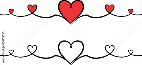 Set of two decorative heart dividers, one filled red and one outline, perfect for valentines day or romantic themes