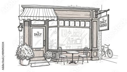 Hand-drawn illustration of a charming coffee shop with awning and sign.