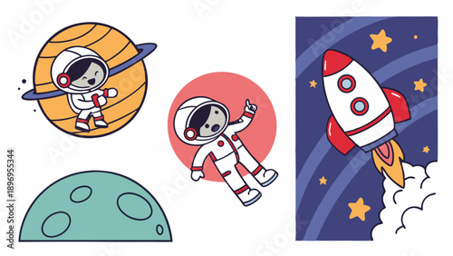 Cute Astronauts Floating Near Saturn Rocket Launching Through Stars Fun Space Adventure Illustration for Kids Education Web Design