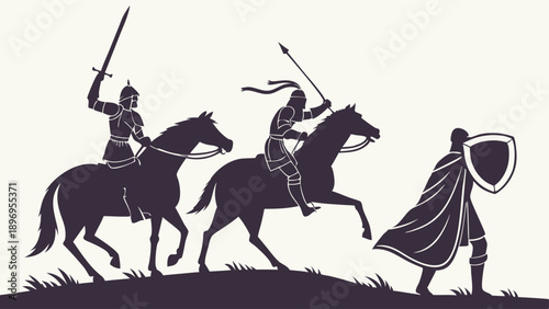 Medieval Knights on Horseback Charging Forward with Swords and Shields for Fantasy Game Design or Historical Website Hero Image