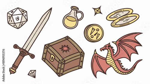 Fantasy RPG Game Assets Treasure Chest Sword Dragon Dice for Adventure Web Design and Role Playing Game Marketing Materials
