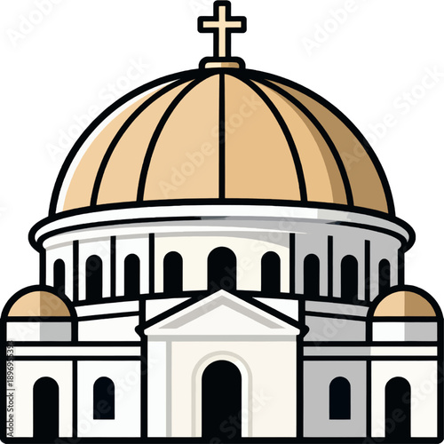 Christian Orthodox Church with Golden Domes and Cross Flat Vector, Symmetrical Cathedral Icon