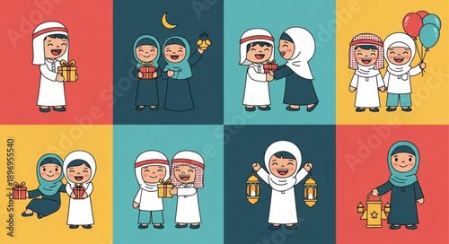 Children celebrating Islamic holidays with traditional clothing and gifts.