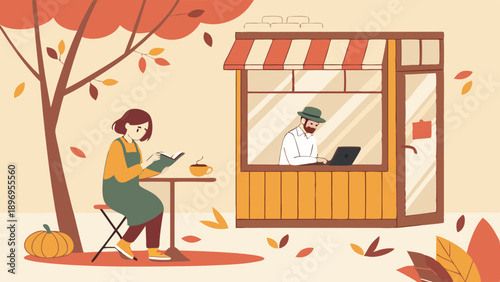 Cozy Autumn Coffee Shop Scene Woman Reading Outdoors While Barista Works Inside for Seasonal Cafe Promotion and Lifestyle Blog Content