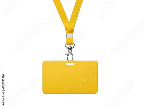 Blank yellow id card with lanyard on white background