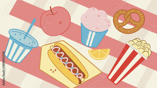Carnival Food Icons Hot Dog Popcorn Pretzel Apple Drink for Summer Fair Website Design Menu Promotion