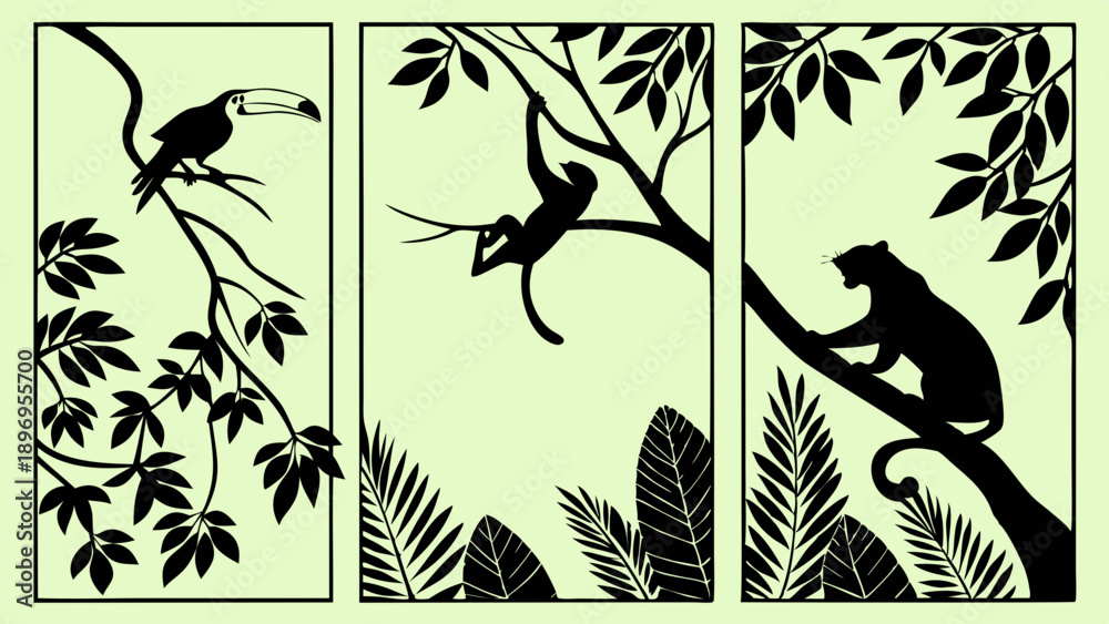 Fototapeta premium Jungle Wildlife Silhouette Panels Toucan Monkey Leopard Tree Foliage Design Element for Travel Education or Nature Projects