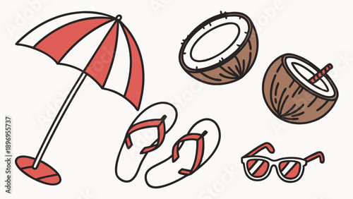 Tropical Summer Vacation Beach Icons Set for Holiday Travel Website Design Relaxation Advertising