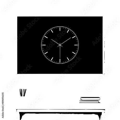 Black Clock on Wall above Desk with Books