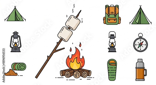 Camping icons set with campfire and marshmallows.