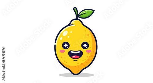 Cute Cartoon Lemon with Smiling Face and Green Leaf.
