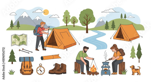 Camping scene with hikers tents and mountains.