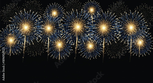 Blue and Gold Fireworks Display Across Black Night Sky, Festive Celebration Background