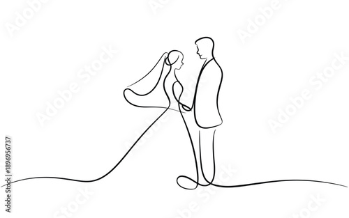 Bride and groom holding hands, wedding, simple line art