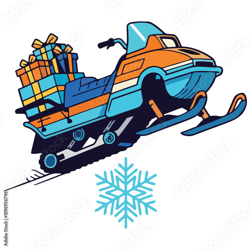 Illustrated snowmobile transporting a bounty of colorful wrapped gifts, set against a backdrop featuring a crisp blue snowflake