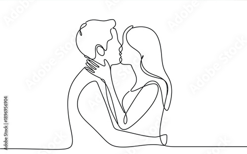Couple sharing a passionate kiss, continuous line art