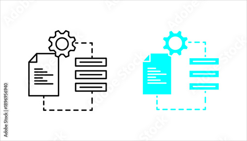 Outline icon set. of documents connected with a gear symbol, representing workflow automation, document processing, business operations, and system management.