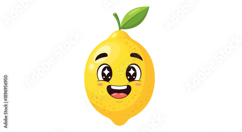 Adorable Cartoon Lemon Character with a Joyful Expression and Green Leaf.