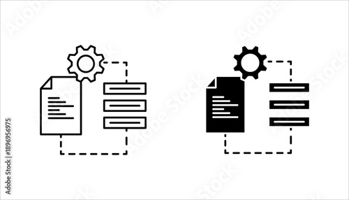 Outline icon set. of documents connected with a gear symbol, representing workflow automation, document processing, business operations, and system management.