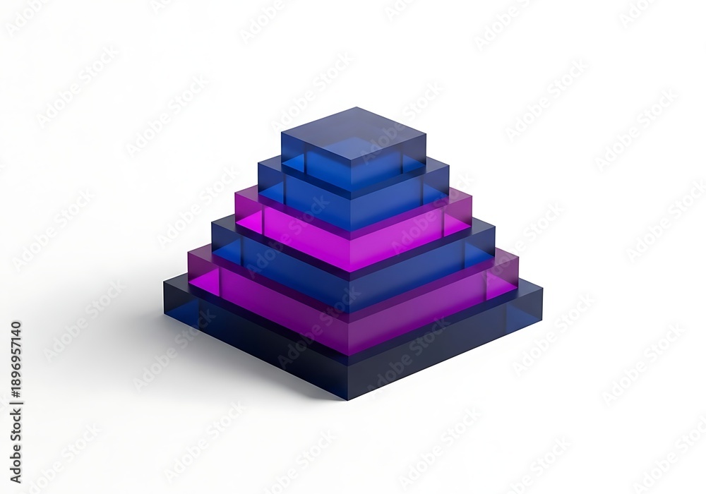 Fototapeta premium Abstract Pyramid Structure Geometric Layers in Blue Purple on White Background
