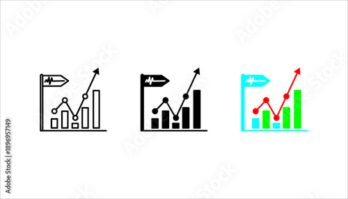 Business analytics line icon featuring bar and line charts with upward arrow. Represents financial growth, performance tracking, market analysis, and strategic planning for business and investment use
