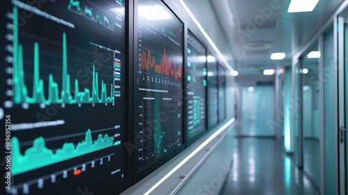 A futuristic medical laboratory equipped with multiple monitors displaying various medical scans and data.