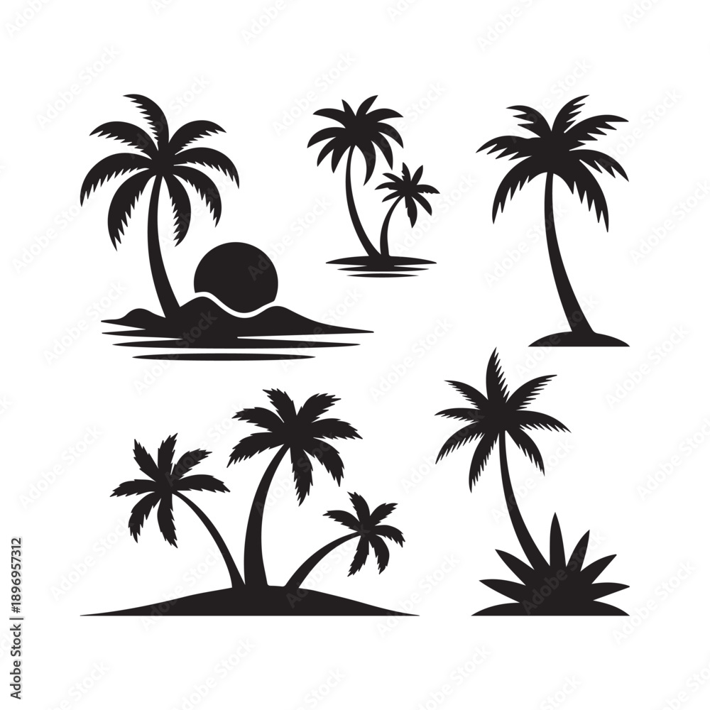 Fototapeta premium Palm Tree Silhouette Vector Tropical Set Illustration