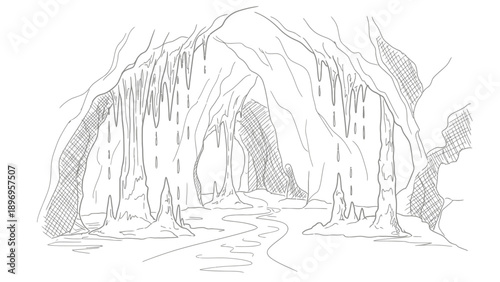 Detailed Line Art Illustration of a Cave Interior with Stalactites and Stalagmites