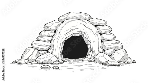Hand-drawn Stone Cave Entrance with Detailed Rock Texture and Dark Interior