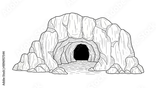 Detailed Black and White Cave Entrance with Textured Rock Formation.
