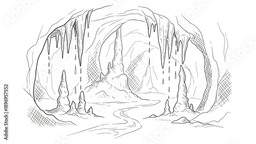 Detailed Black and White Cave Illustration with Stalactites and Stalagmites