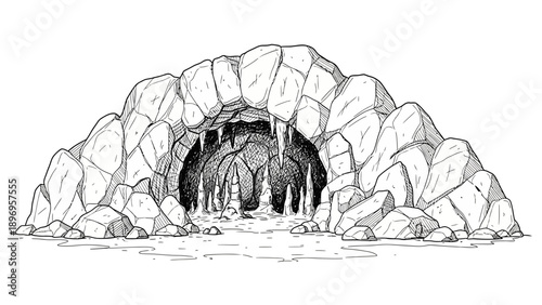Detailed Hand-Drawn Cave Entrance with Stalactites and Rocky Structure