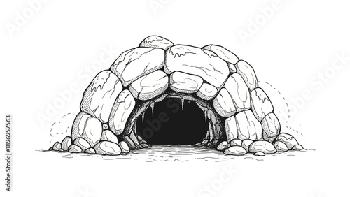 Hand-drawn Cave Entrance with Stone Structure and Dark Interior