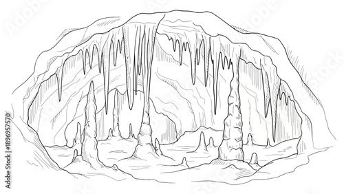 Detailed Black and White Cave Illustration with Stalactites and Stalagmites